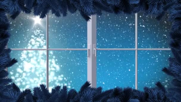 Цифрова Анімація Віконної Рами Проти Снігу Падає Над Ялинкою Обертається — стокове відео