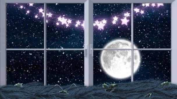 在窗框上的紫色仙女灯的数字动画 在雪橇上的圣爪黑色轮廓上 被驯鹿在夜空中的月亮拉着 — 图库视频影像
