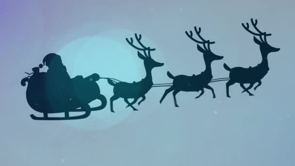 Animation Silhouette Santa Claus Sleigh Being Pulled Reindeer Blue Background — Stock Video