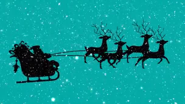 Digitális animáció a hó esik át fekete sziluett télapó szán húzza a rénszarvasok zöld háttér. karácsonyi ünnepség ünneplés hagyomány koncepció