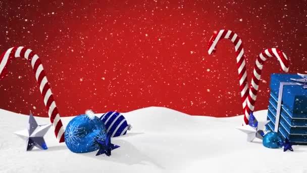 Digital Animation Snow Falling Christmas Candy Canes Gift Box Bauble — Stock Video
