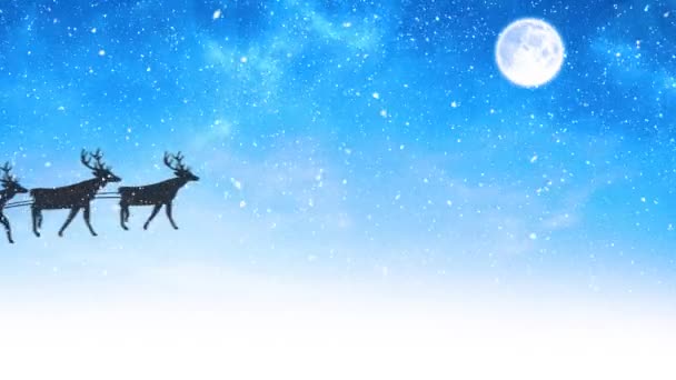 満月のトナカイと青い背景に雪が降る雪の中で 雪の中でサンタクロースの黒いシルエットのアニメーション クリスマスお祝いのコンセプトデジタル生成されたイメージ — ストック動画