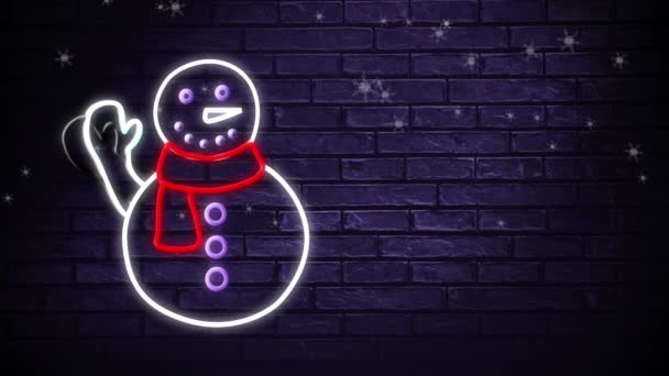 紫のレンガの壁に対してネオンの雪だるまに落ちる雪片のデジタルアニメーション クリスマスお祝いの伝統的なコンセプト — ストック動画