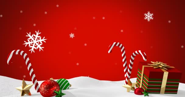 Animación Digital Copos Nieve Cayendo Sobre Navidad Bauble Regalo Bastones — Vídeos de Stock