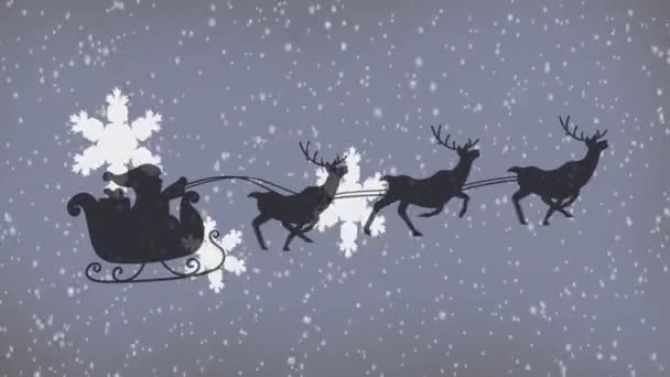 Animazione Silhouette Nera Babbo Natale Slitta Trainata Renne Con Neve — Video Stock