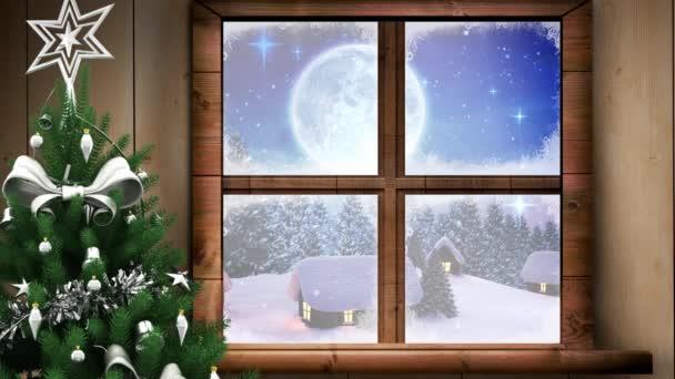 Noel Ağacının Dijital Animasyonu Kışın Yağan Kara Karşı Ahşap Pencere — Stok video
