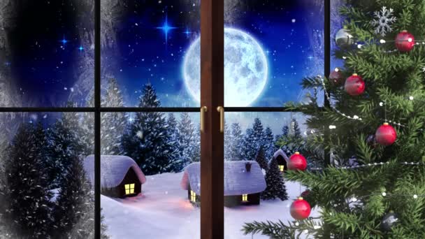 Animazione Silhouette Babbo Natale Slitta Trainata Renne Con Neve Che — Video Stock