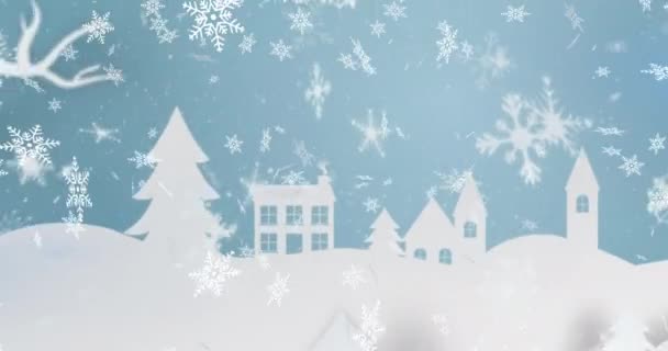 Animation Von Schnee Der Über Die Winterlandschaft Mit Bäumen Und — Stockvideo