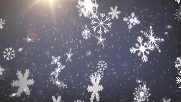 Animación Copos Nieve Cayendo Con Luz Brillante Sobre Fondo Azul — Vídeo de stock