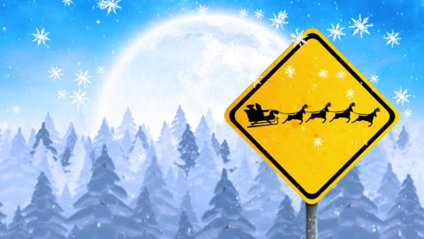 Kar Tanelerinin Kızakta Noel Baba Karşı Düşüşünün Dijital Animasyonu Kış — Stok video