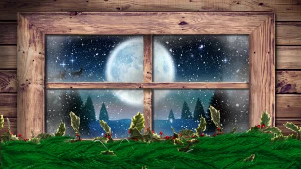 夜空に月に対してReindersによって引っ張らさそりでサンタクラスの黒いシルエットに対するクリスマスの装飾や木製の窓枠のデジタルアニメーション クリスマスお祝いの伝統的なコンセプト — ストック動画