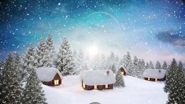 Animação Digital Neve Caindo Sobre Várias Casas Árvores Cobertas Neve — Vídeo de Stock