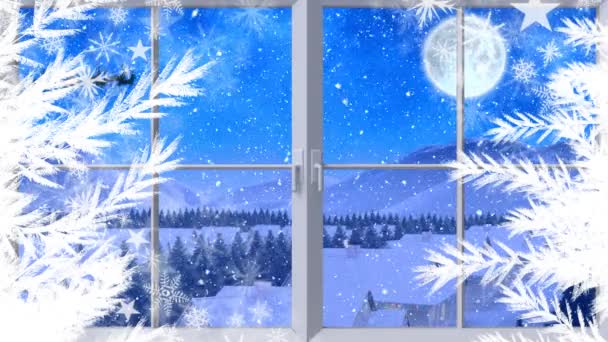 Digitální Animace Dvou Vánočních Stromků Okenního Rámu Proti Siluetě Santa — Stock video