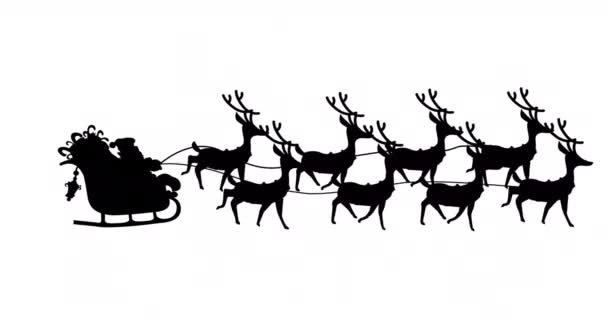 Анімація Чорного Силуету Санта Клауса Санчатах Тягне Оленів Білому Тлі — стокове відео