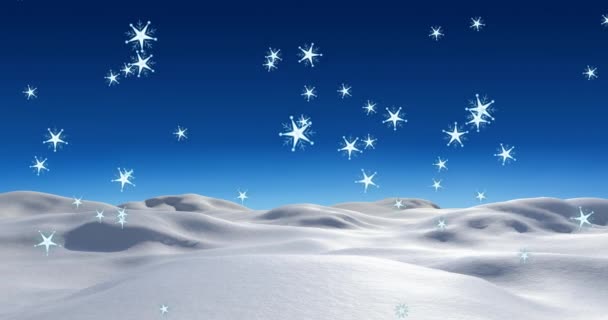 Digital Animation Multiple Stars Falling Winter Landscape Blue Background Christmas — Stock Video