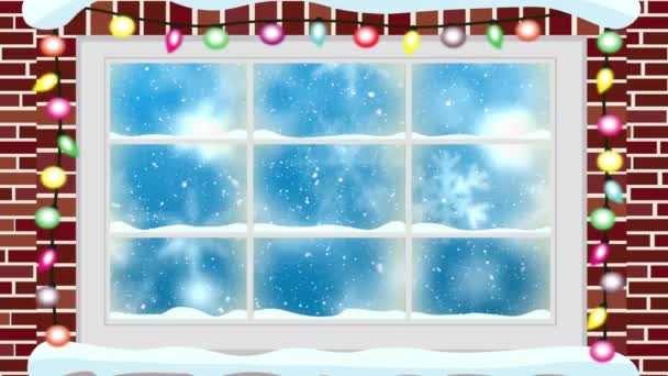 Цифрова Анімація Казкових Вогнів Дерев Яній Віконній Рамі Проти Снігу — стокове відео