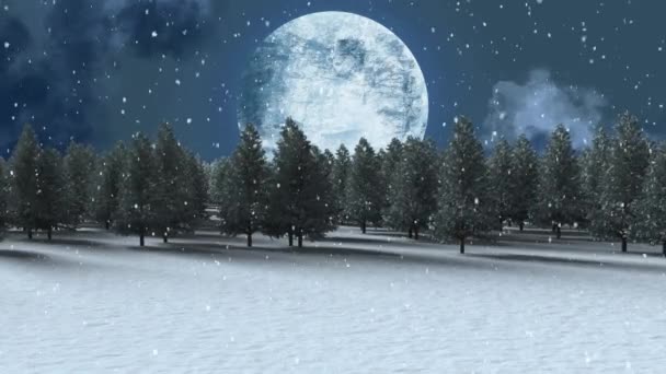 Animación Digital Nieve Cayendo Sobre Múltiples Árboles Paisaje Invernal Contra — Vídeos de Stock