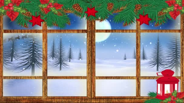 Digital Animation Christmas Decoration Wooden Window Frame Snow Falling Winter — Stock Video