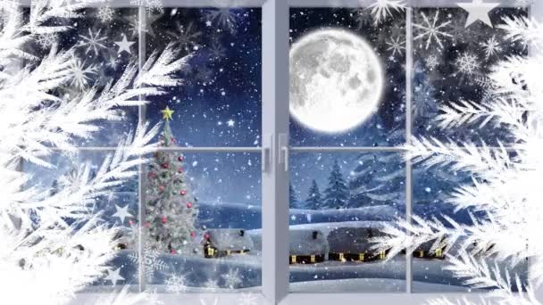 Цифрова Анімація Вікна Проти Снігу Падає Зимовий Пейзаж Чорний Силует — стокове відео