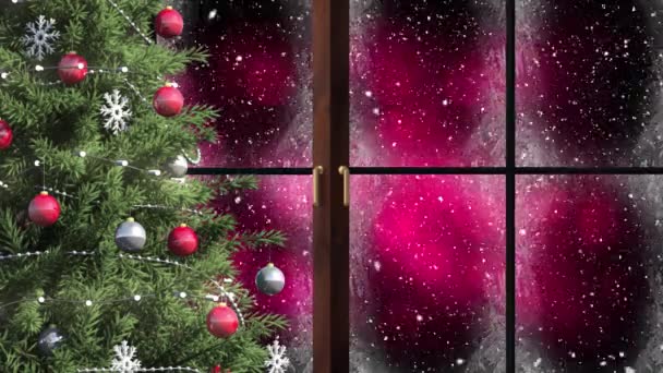 Cyfrowa Animacja Choinki Drewnianej Ramy Okiennej Przed Śniegiem Spadającym Czerwone — Wideo stockowe