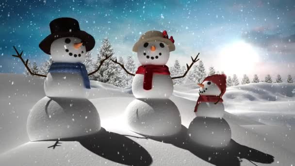 Digitale Animatie Van Sneeuw Vallen Tegen Sneeuwpoppen Familie Het Winterlandschap — Stockvideo