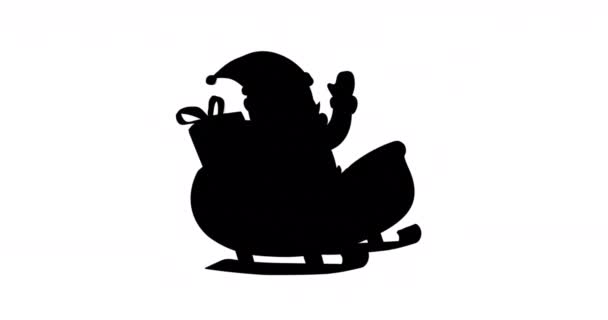 Animación Digital Silueta Negra Santa Claus Trineo Sobre Fondo Blanco — Vídeos de Stock