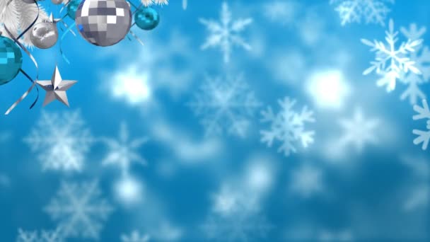 Animación Digital Adornos Navideños Decoración Estrellas Árbol Navidad Contra Copos — Vídeos de Stock