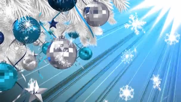 Digitale Animatie Van Sneeuwvlokken Vallen Kerstbal Ster Decoraties Opknoping Boom — Stockvideo