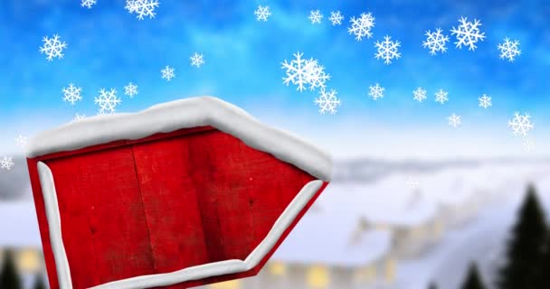 Ψηφιακό Animation Χιονιού Που Πέφτει Πάνω Κόκκινη Ξύλινη Πινακίδα Φόντο — Αρχείο Βίντεο