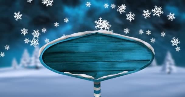 Animación Digital Copos Nieve Que Caen Sobre Poste Azul Madera — Vídeos de Stock