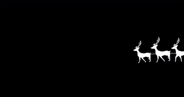Цифрова Анімація Силуету Санта Клауса Санчатах Тягне Оленів Чорний Фон — стокове відео