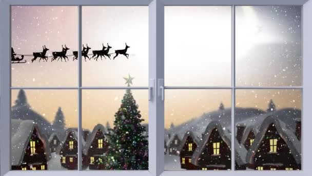 Цифровая Анимация Деревянной Оконной Рамы Против Снега Падающего Рождественскую Елку — стоковое видео