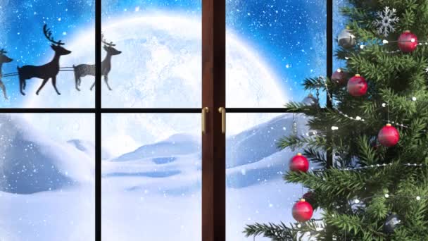 Cyfrowa Animacja Choinki Ramy Okiennej Przeciwko Czarnej Sylwetce Świętego Mikołaja — Wideo stockowe