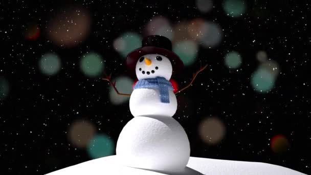 Digitální Animace Sněhu Padajícího Sněhuláka Zimní Krajině Proti Skvrnám Světla — Stock video