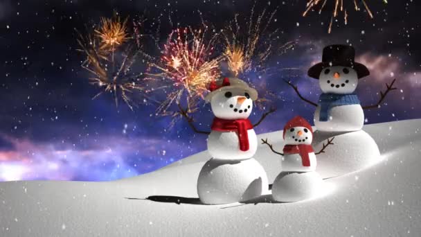 Animatie Van Het Winterlandschap Met Drie Vrolijke Sneeuwpoppen Sneeuwval Vuurwerk — Stockvideo
