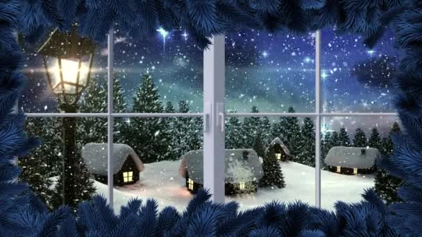 Animação Digital Moldura Janela Contra Neve Que Cai Paisagem Inverno — Vídeo de Stock