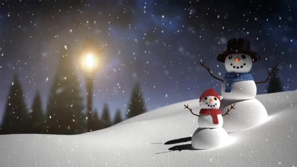 Animazione Digitale Neve Che Cade Uomo Bambino Pupazzo Neve Sul — Video Stock