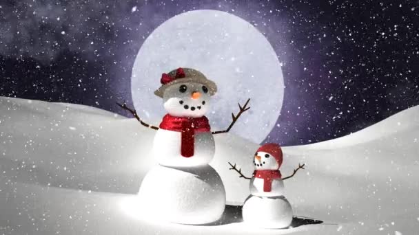 Digitale Animatie Van Sneeuw Vallen Vrouwelijke Kind Sneeuwpop Winterlandschap Tegen — Stockvideo