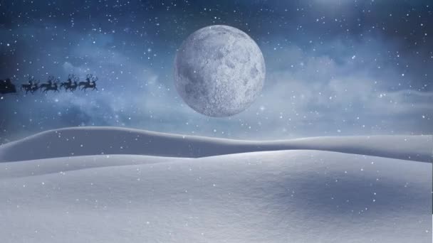 Анімація Силуету Санта Клауса Санчатах Тягнеться Оленями Повним Місяцем Снігом — стокове відео