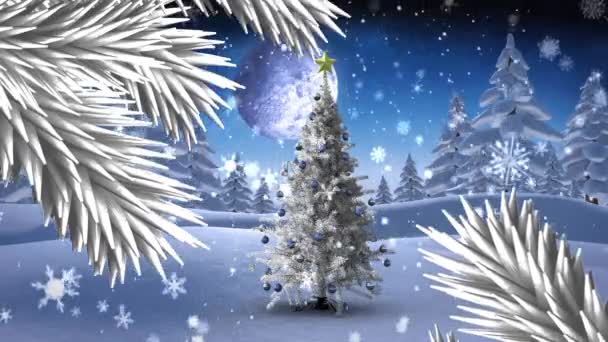 Digitale Animatie Van Sneeuw Vallen Kerstboom Het Winterlandschap Zwart Silhouet — Stockvideo