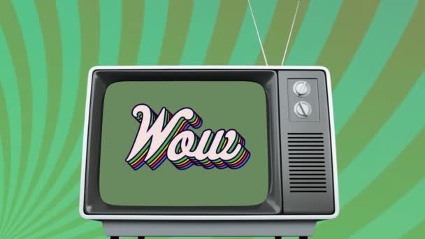 Animáció retro wow szivárvány szöveg felett vintage tv-készülék és zöld csíkok a háttérben.