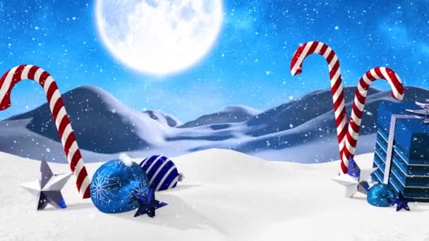 Digital Animation Snow Falling Christmas Candy Canes Gift Box Babble — Stock Video