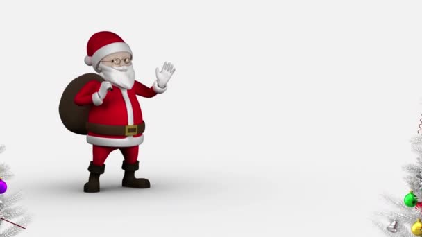 Animação Digital Papai Noel Acenando Duas Árvores Natal Contra Fundo — Vídeo de Stock