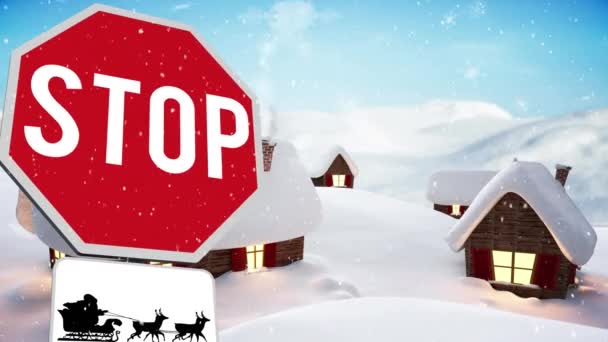 Цифровая Анимация Снега Падающего Над Стоп Текстом Черным Силуэтом Санта — стоковое видео