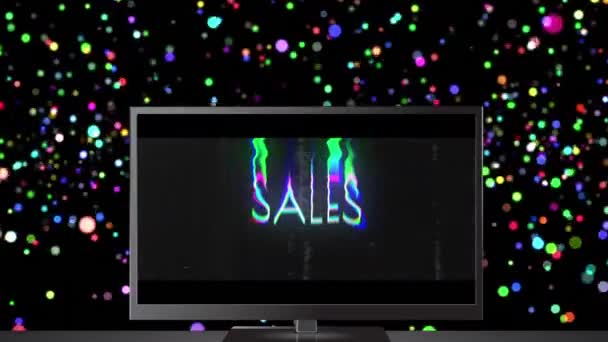 Анимация Продаж Светящийся Текст Экране Телевизора Несколькими Красочными Пятнами Черном — стоковое видео