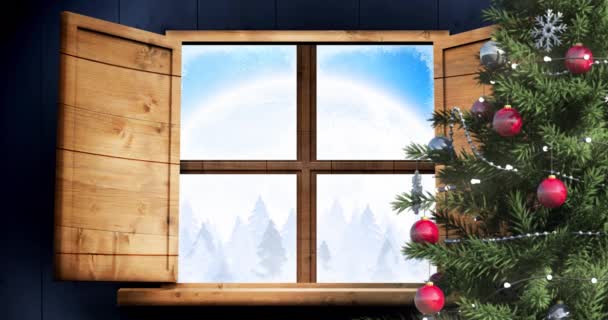 圣诞圣诞树和木制窗框的数字动画和雪橇上圣爪的黑色轮廓在冬季景观中被驯鹿拉着 圣诞节庆祝活动的传统概念 — 图库视频影像