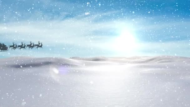 Cyfrowa Animacja Śniegu Spadającego Czarną Sylwetkę Świętego Mikołaja Saniach Ściąganego — Wideo stockowe