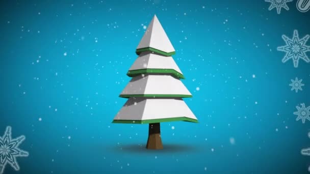 Анімація Різдвяної Ялинки Вкрита Снігом Сніжинками Падає Синій Фон Концепція — стокове відео