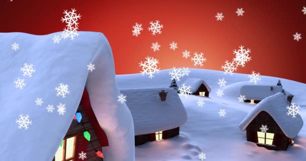 Cyfrowa Animacja Płatków Śniegu Spadających Wiele Domów Zimowym Krajobrazie Pomarańczowym — Wideo stockowe