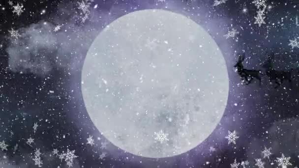 Animación Digital Copos Nieve Cayendo Sobre Silueta Negra Santa Claus — Vídeos de Stock